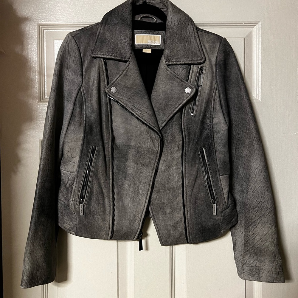 Michael Kors Dark Gray Genuine Leather Biker Moto Jackets